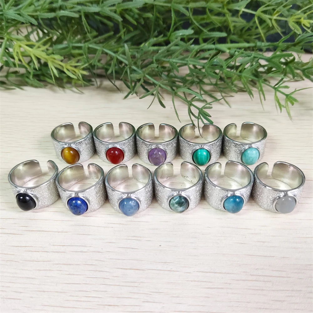 Wholesale Bulk Silver Plated Band Rings Inlay Crystal Natural tiger Eye Black Onyx Ring Gemstone Red Agate Aquamarine Jewelry