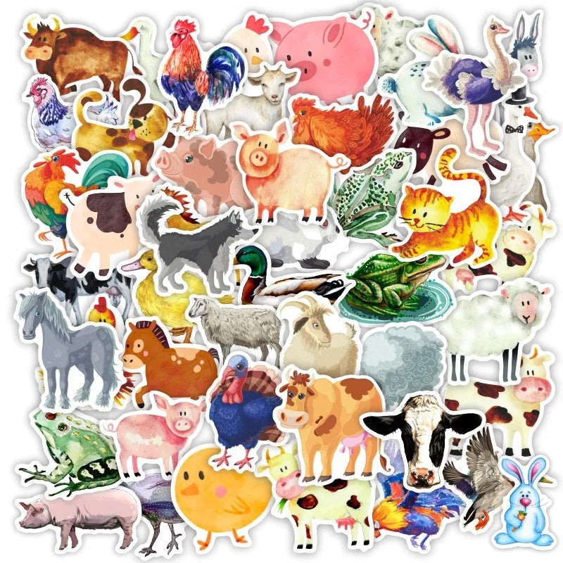 50Pcs Children Cartoon Animal Watercolor Graffiti Stickers for Kid Book Laptop Vinyl Farm Animals Sticker