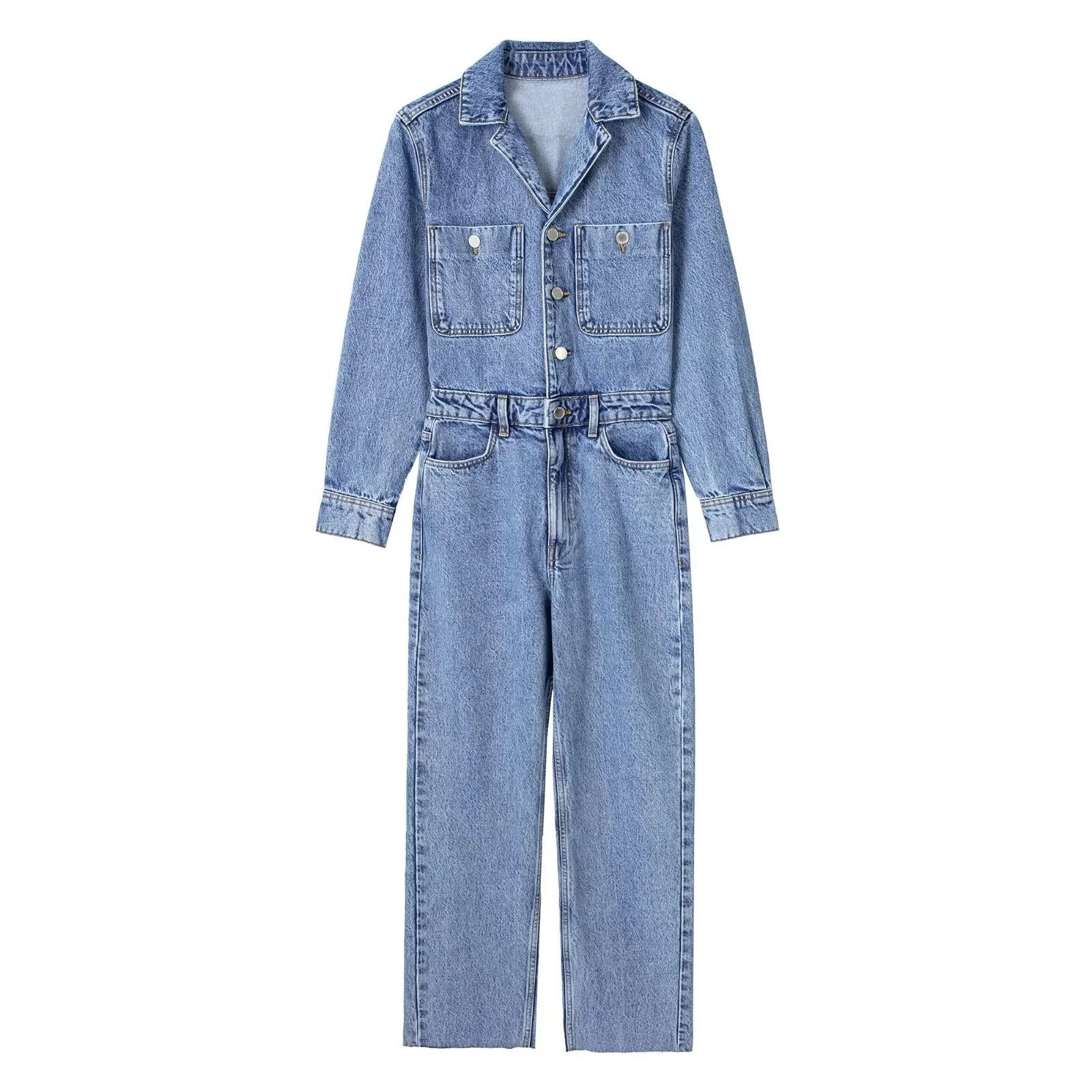 New Women's Lapel Single Breasted Pocket Long Sleeved Waistband Straight Leg Jeans Jumpsuit