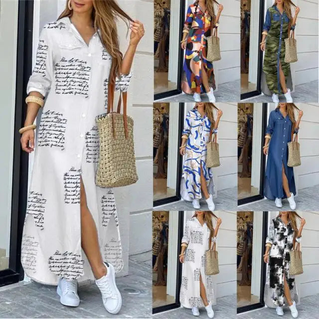 YQY1206 Trendy Spring&Summe Dresses Women Casual Long Sleeve Loose Shirt Dress Printed Maxi Dress Ladies Fall Dresses for Women