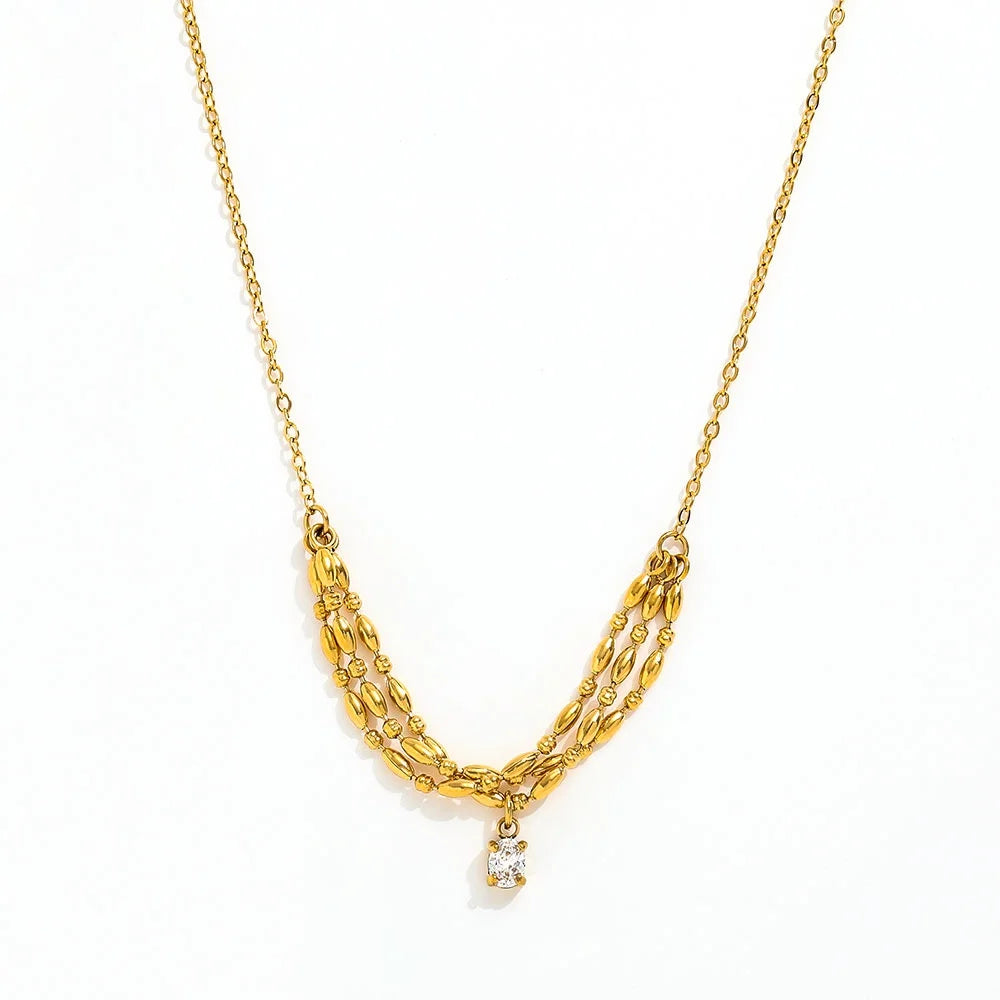 JOOLIM 18k PVD Gold Plated Smile Oval Beads Rope Zirconia Pendant Necklace Stainless Steel Jewelry