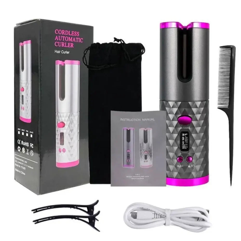 Type-C Cordless Automatic Ceramic Hair Curler LCD Display PTC Heater Anti-Tangle Rechargeable Home Hair Crimper