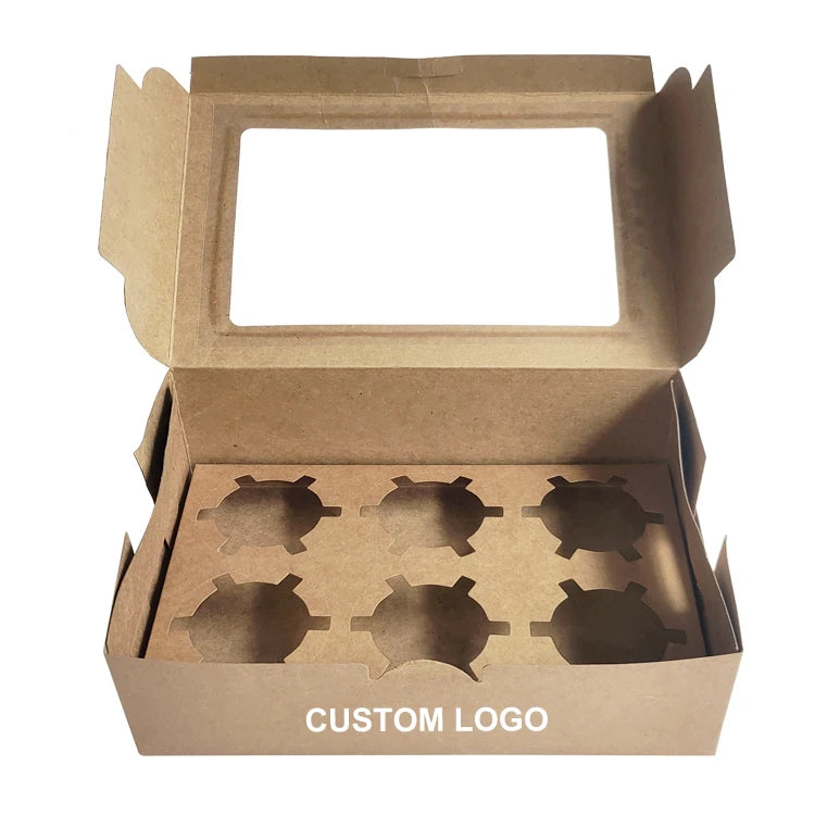 Custom Folding Kraft Paper Snacks Bakery Food Packaging Box 6 Hole Cupcake Boxes with Display Window
