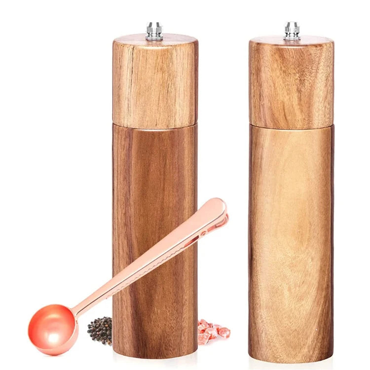 Premium Acacia Wood Grinders with Adjustable Ceramic 8 Inch Refillable Salt and Pepper Mills
