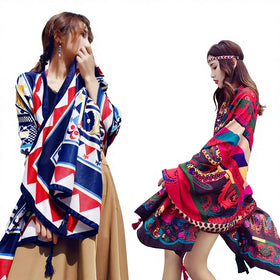 New Summer Polyester Custom Printed Geometric Floral Travel Silk Feeling Sun Protection Large Shawl Women's Seaside Beach Ethnic