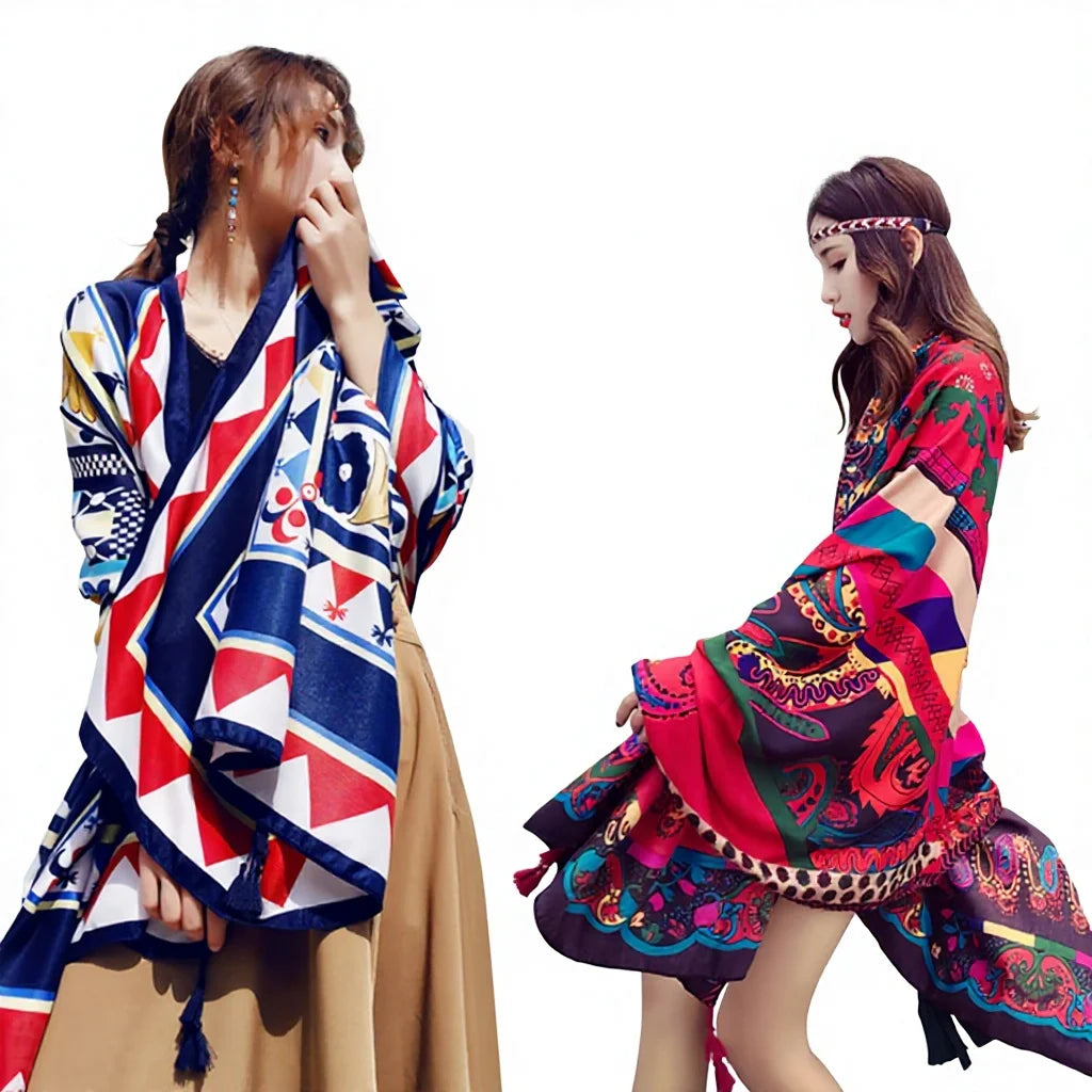 New Summer Polyester Custom Printed Geometric Floral Travel Silk Feeling Sun Protection Large Shawl Women's Seaside Beach Ethnic