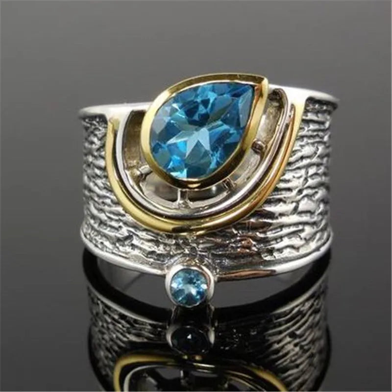 Huitan Eternity Ethnic Chunky Rings Water Drop Sea Blue Anillos Lady Girls Carved Silver Gold Pear Vintage Rings Women