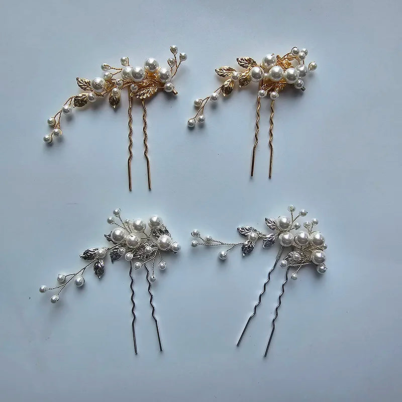 SLBRIDAL Handmade Alloy Crystal Rhinestones Pearls Flower Leaf Bridal Hair Pin Wedding Hair Sticker Women Hair Accessories