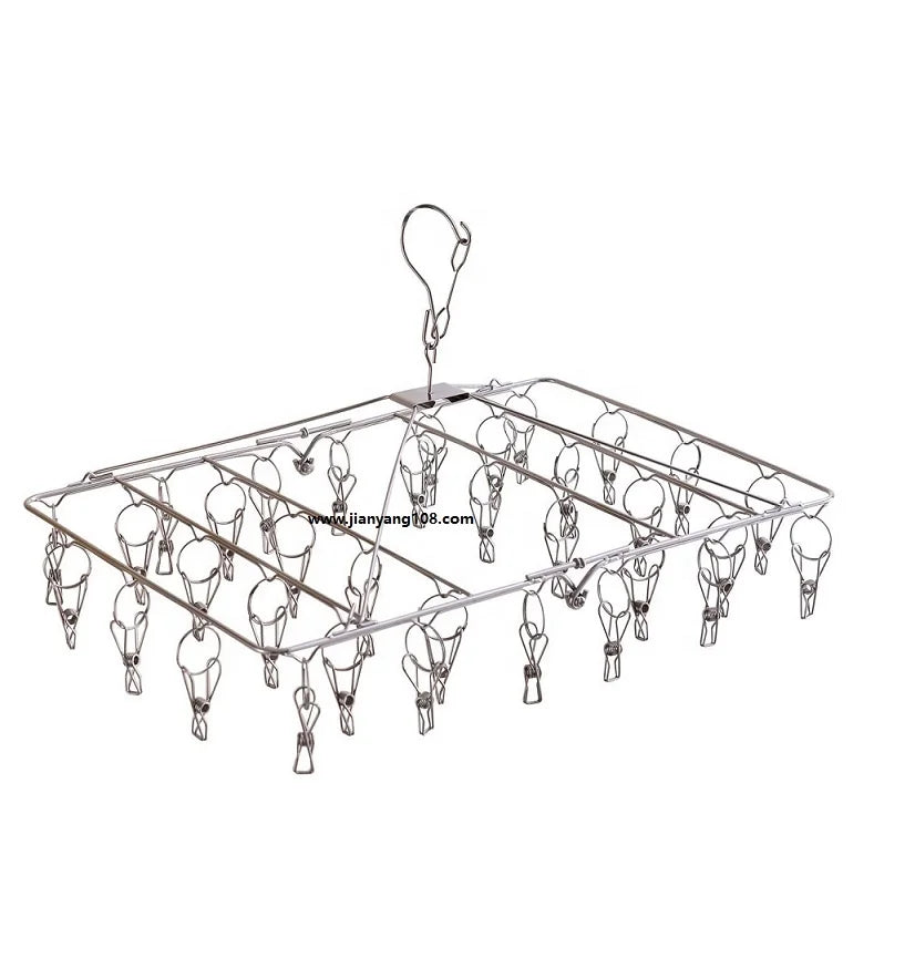 Multifunction Foldable square Stainless Steel Socks Hanger with 34 Clips and Rack Socks Holder Windproof Drying Rack