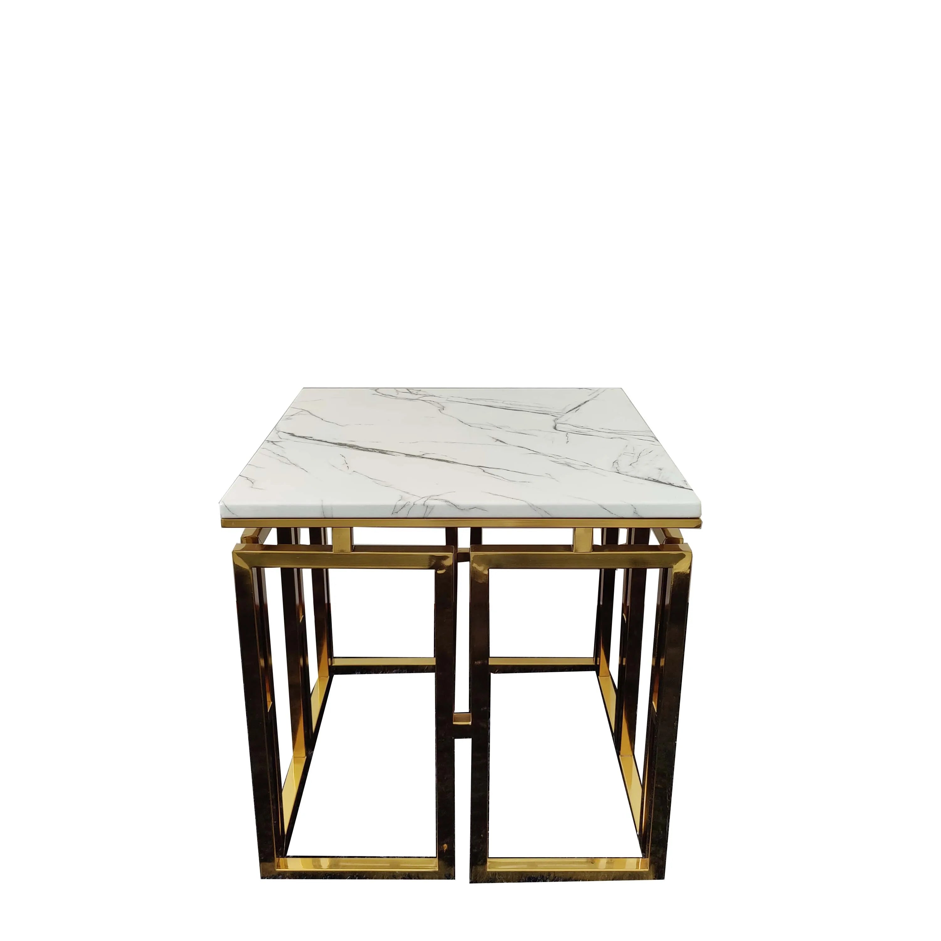 Modern Living Room Metal Frame Round  Coffee Table Nightstand Marble Top