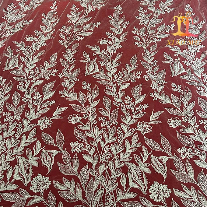 New Style 100% Polyester Fancy Wedding Embroidered Eco-Friendly White Bridal Couture Beaded Sequined Mesh Lace Fabric XM-BF1080