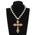 Vintage Style Pearl Necklace with Cross Pendant Cool Dark Wind Clavicle Chain Alloy Beads Sweet Personality Necklace