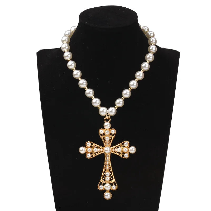 Vintage Style Pearl Necklace with Cross Pendant Cool Dark Wind Clavicle Chain Alloy Beads Sweet Personality Necklace
