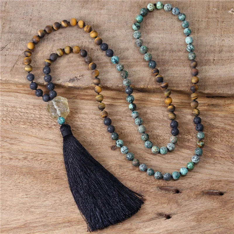 Handmade Yoga Natural Stone 108 Mala Turquoise Tiger Eye Lava Beads Necklace Black Tassel Meditation Jewelry Wholesale