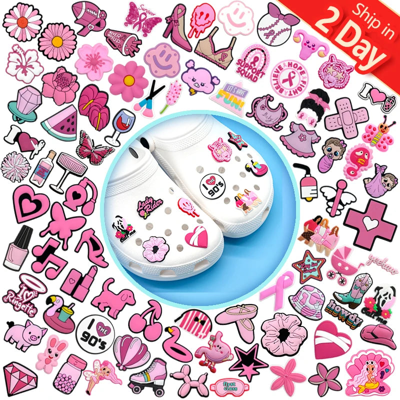 Wholesale Pink Theme Girl Style 90s Shoe Charms Heart Bow Makeup DIY PVC Decorations Design Charms for Shoes Set Only in pink