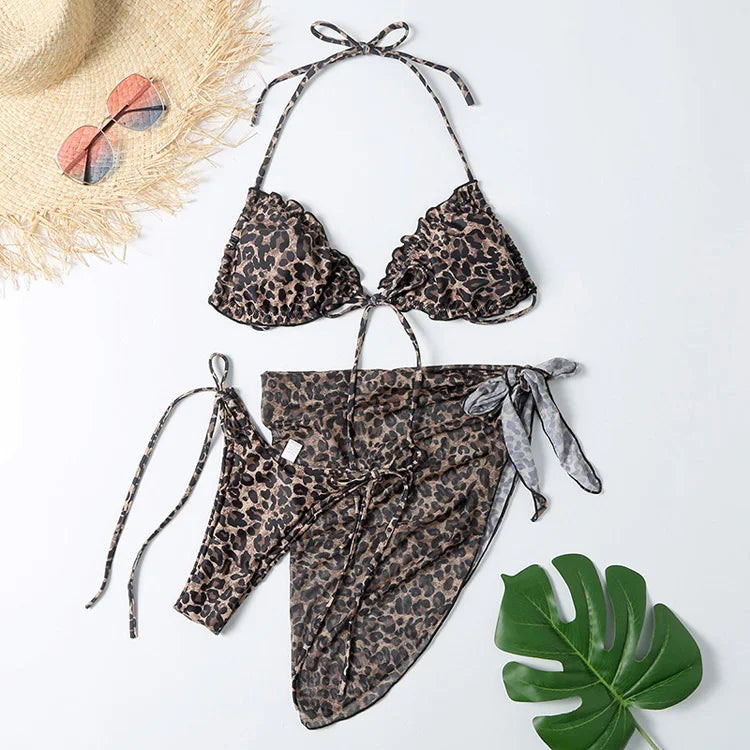 New Leopard Print Bikini Mesh Three Piece Swimsuit