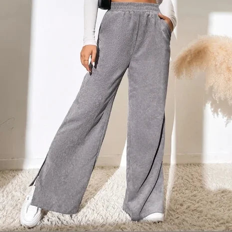 2024 European and American New Women's High Waist Casual Pants Solid Color Corduroy Spliced Split Hem Long Pants