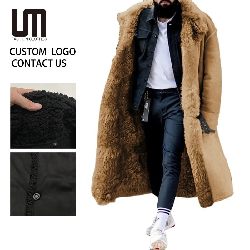 OEM Service Wholesale Fashion Winter Men Warm Thick Fur Fleece Overcoat Long Jacket Plus Size Trench Coat