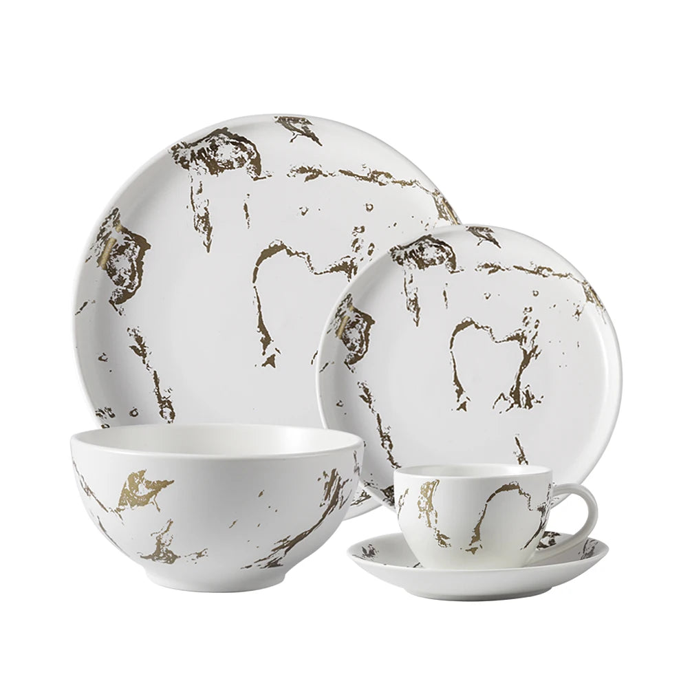 High Quality Luxury Gold and Marble White Ceramic Dinnerware Set Porcelain Kitchen Bowl Dishes for Restaurant Tableware