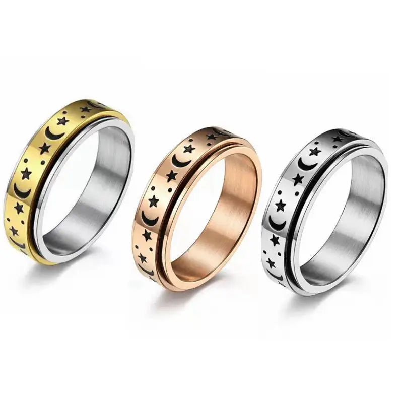 Anti Tarnish 6mm Moon Star Enameled Rotatable Ring Unisex Engagement Ring Gold Stainless Steel Men Women