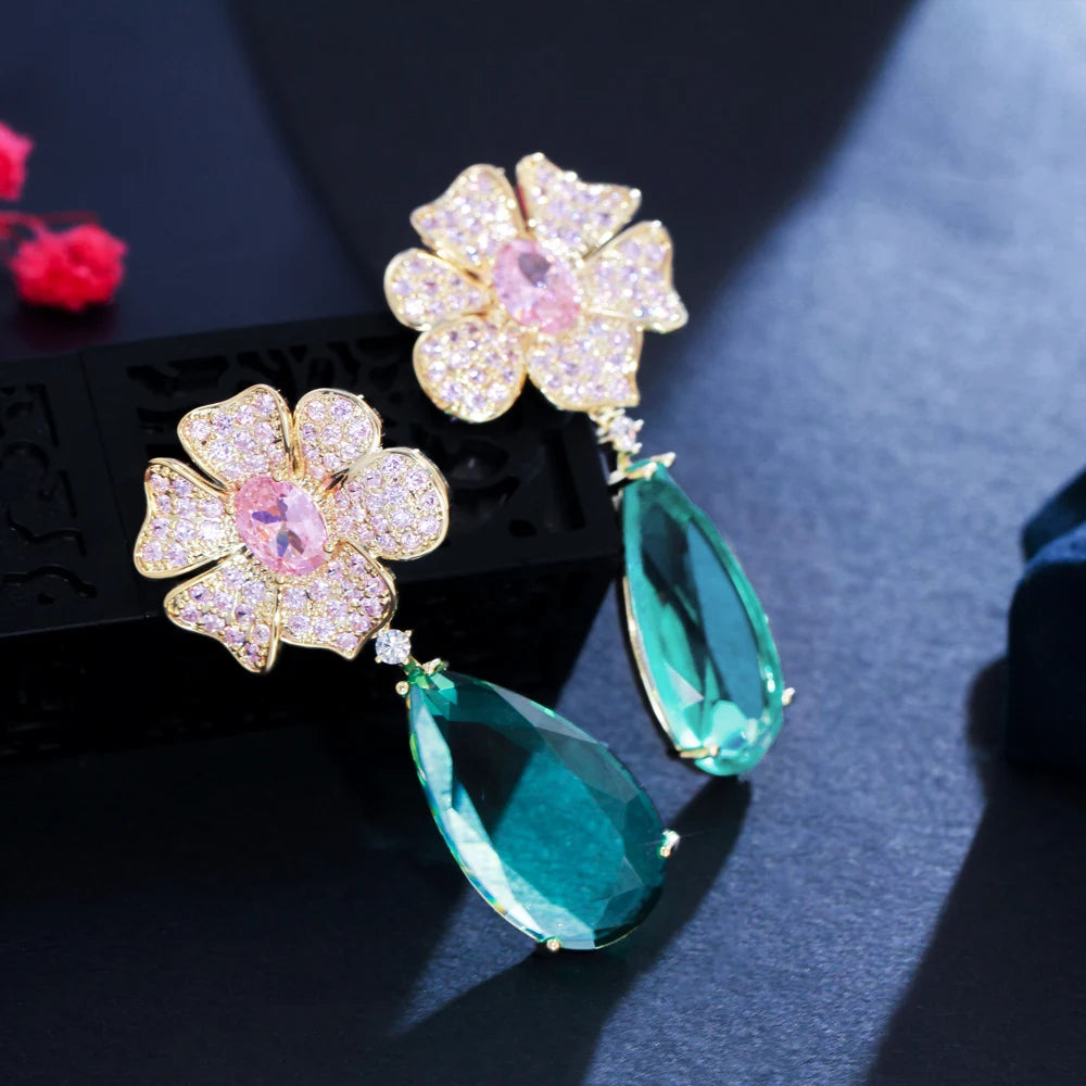 Beautiful Elegant Pink Cubic Zirconia Dangle Drop Big Long Flower Party Earrings for Women Wedding Jewelry Gift