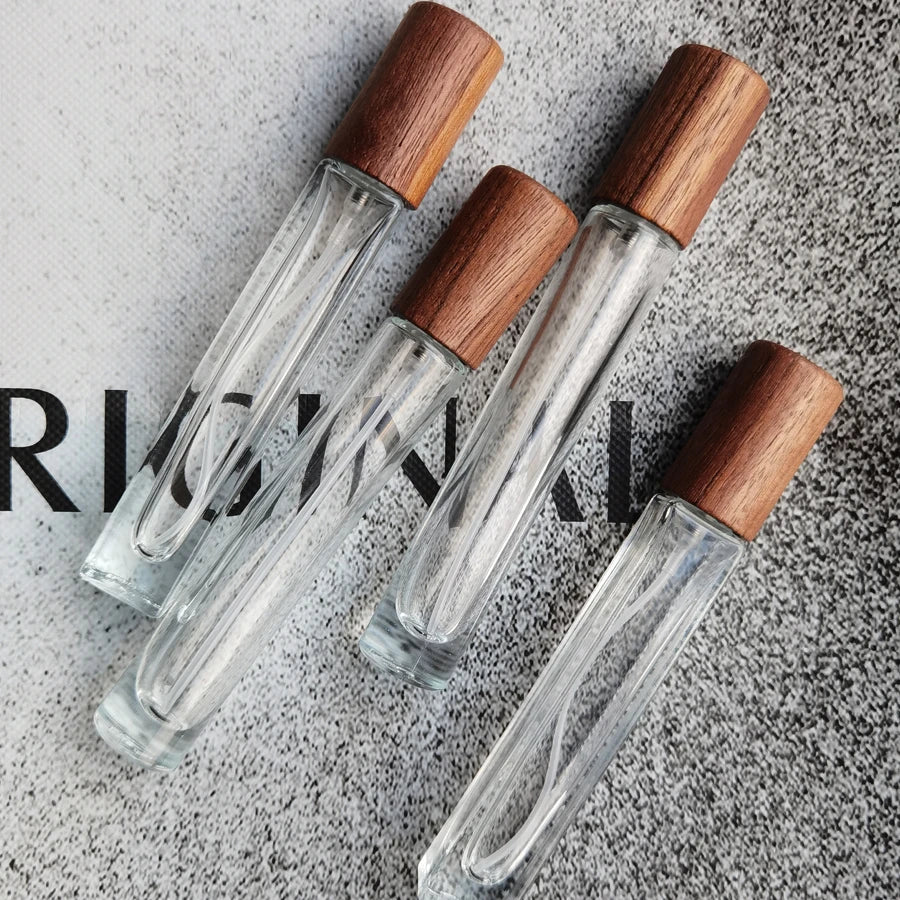 10ml Perfume Sample Press Glass Empty Bottle with Wooden Lid Pump Sprayer for Convenient Sealing