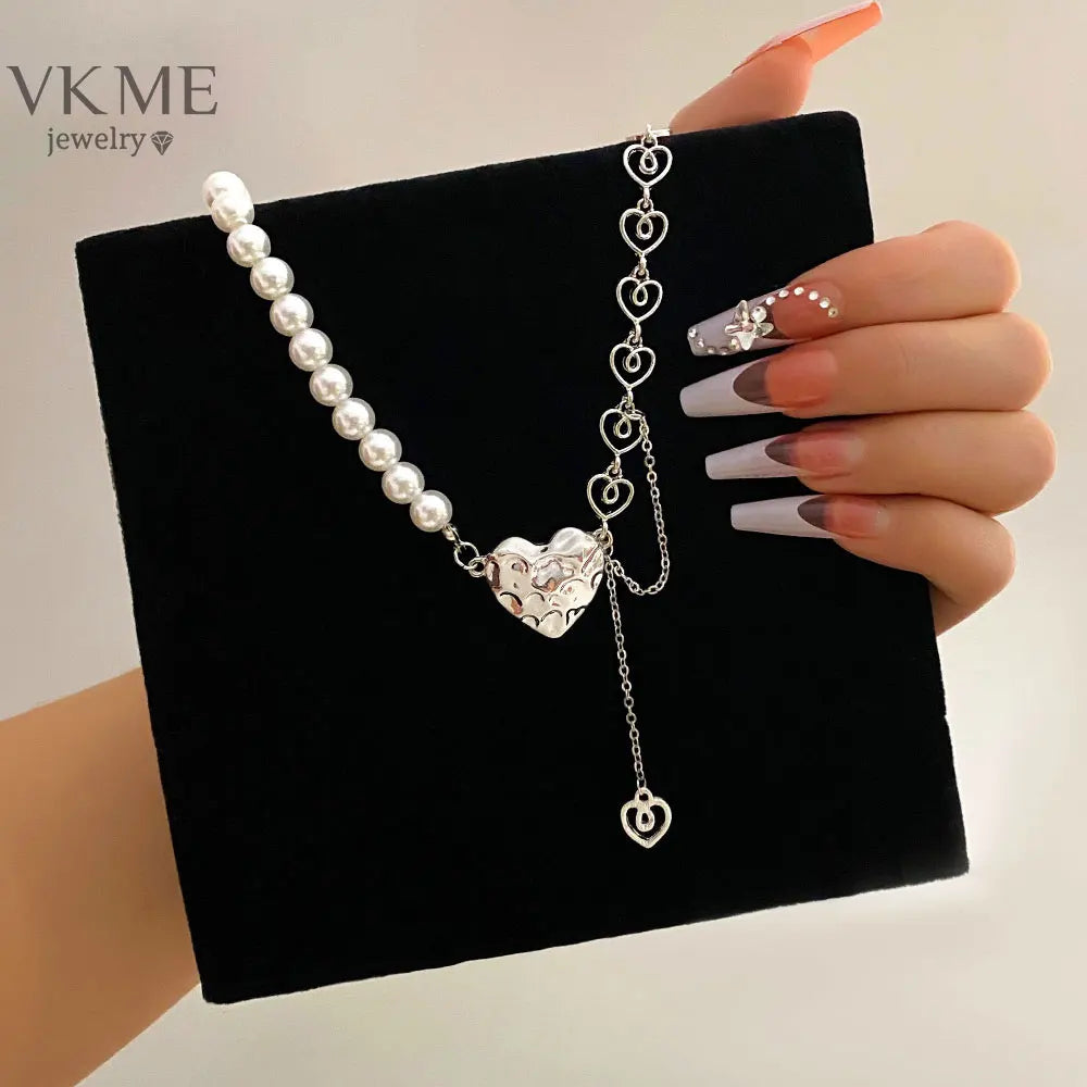 New Fashion Women Girl Korean Style Pearl Heart Pendant Necklace Jewelry