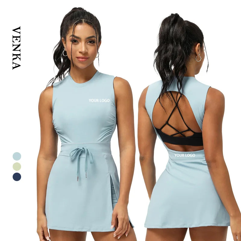 Low MOQ Tracksuit Women One Piece Round Neck Tennis Dresses Woman's Beautiful Back Fitness Sportswear Sleeveless Yoga Jumpsuits