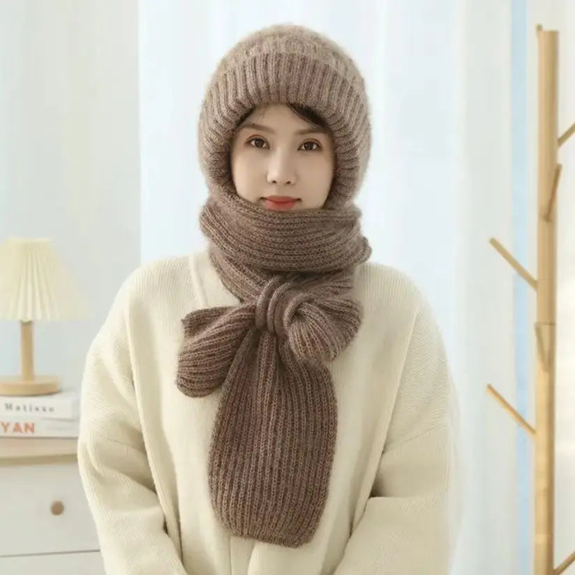 2 in 1 Winter Warm Beanie With Scarf Thick Knitted Knitted Scarves Hat Crochet Bonnet Cap Outdoor Ski Female Hood Beanies