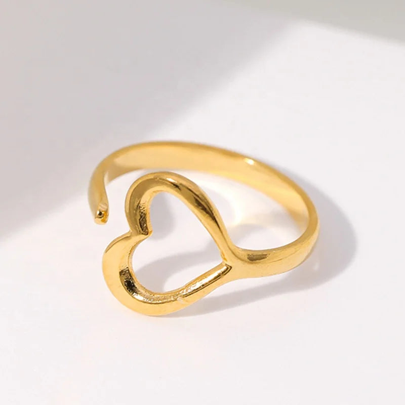 Wholesale Factory Gold Plated Heart Shape Open Rings Anti Stainless Steel Band Rings Cute Feather Opening Adjustable Ring