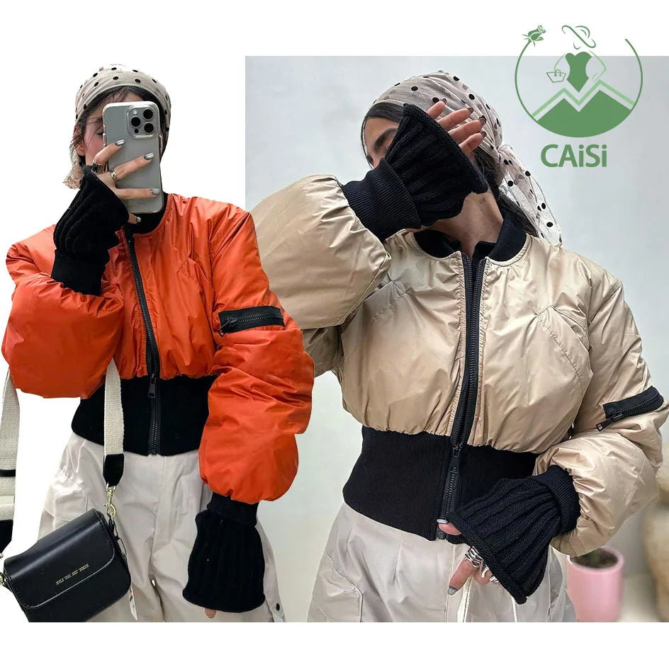 Women's Cropped Puffer Jackets Coats Soild Zipper Pocket Streetwear Coat Winter Long Sleeve Short Padded Quilted Jacket