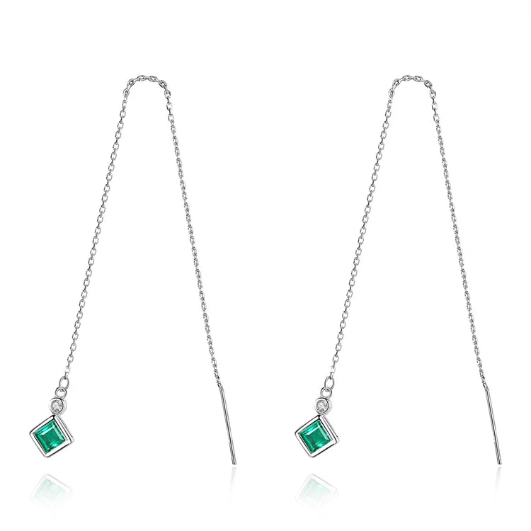 Fine Jewelry 925 Sterling Silver Long Tassels Gemstone Diamond Earrings