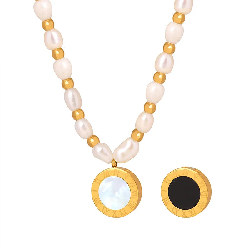 MARONEW Fashion Shell Pendant Roman Numeral Freshwater Pearl Stainless Steel Necklace 18k Gold