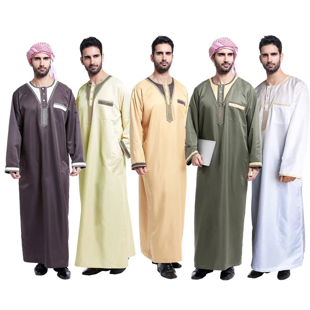Men's Dubai Long Gown Durable Kaftan Robe Breathable Ethnic Muslim Abaya Moroccan Thobe for Men
