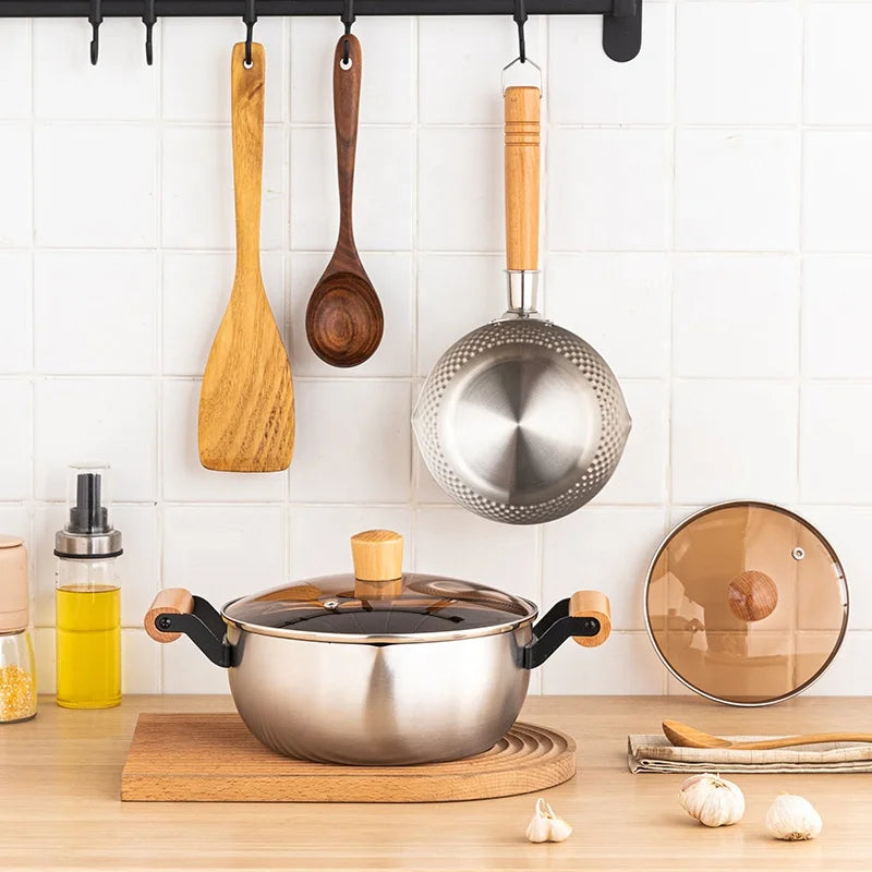 Hot Sale Kitchen Induction Cooker Gas Stove 304 Stainless Steel Double Ear Soup Pan Pots With Wooden Handle Cookware Soup