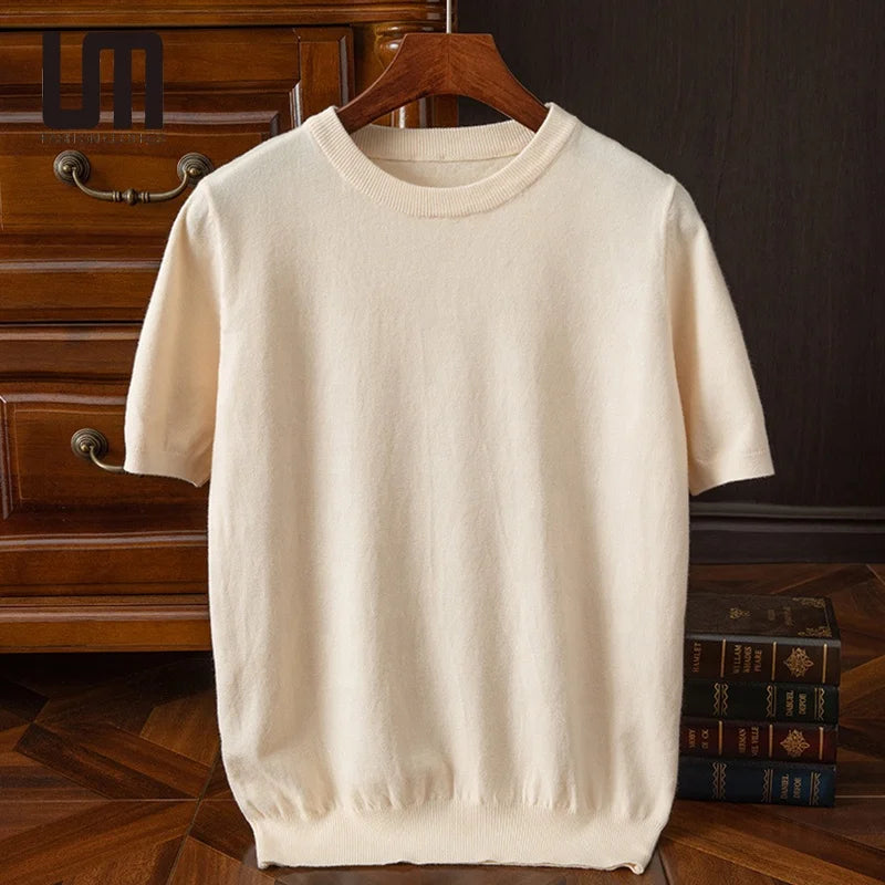 Liu Ming Customized Korean Fashion Men's Casual Short Sleeve Tops Knit O-Neck Sweater T-Shirts Solid Pattern Yarn Dyed