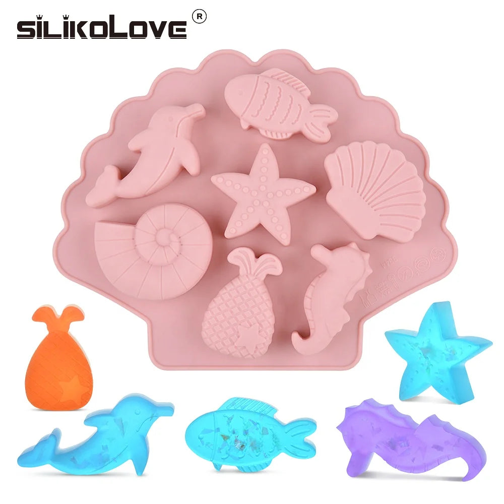 SILIKOLOVE Factory 7 Cavity Fish Starfish Shape Candy Moulds LFGB Platinum Non Stick BPA Free Silicone Cake Decoration Mold