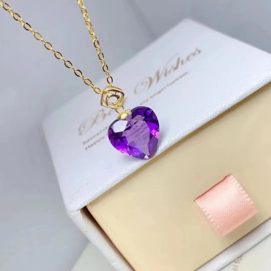 Hot Sale 18K Natural Amethyst Heart Couple Charms Rhodium & Gold Plated Necklace Pendant for Women Gift Certificate Type GIA