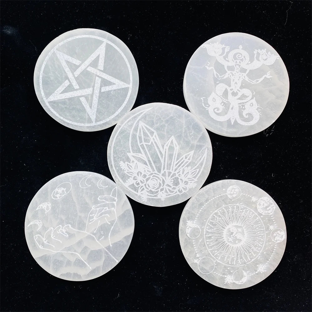 Different Shape Wholesale Crystal Flower of Life Selenite Coaster Charging Plate Carving for Decoration