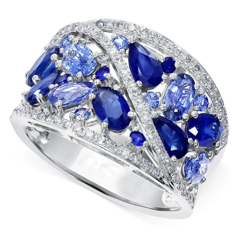 Huitan Fashion Stackable Hollow Rings Beautiful Royal Blue Sea Blue Zircon Full Filled Lady Girls Silver Trendy Rings Women