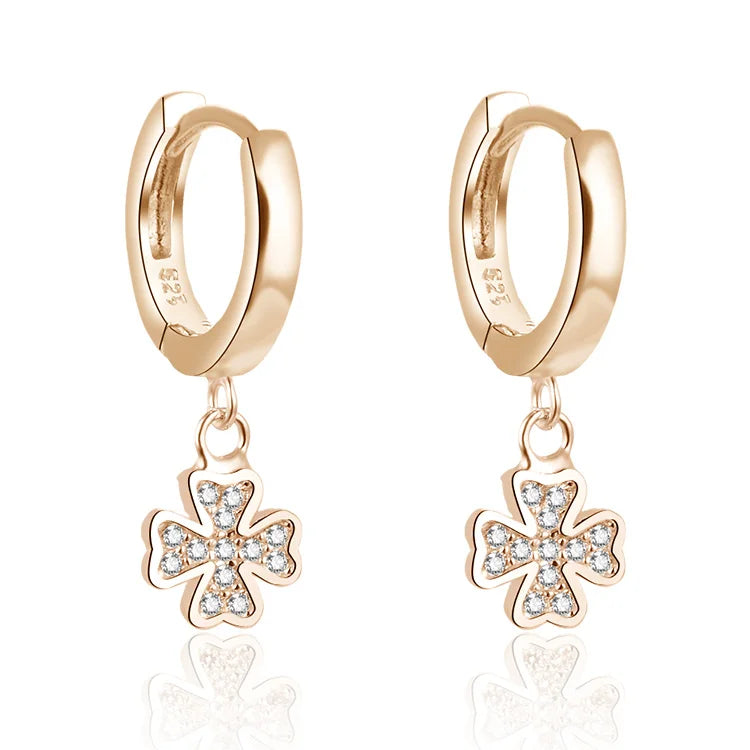 925 Sterling Silver Clover Drop Huggie Earrings Prong Set CZ Accent Charm Plain Hoop Closure Hypoallergenic Lucky Jewelry Gift