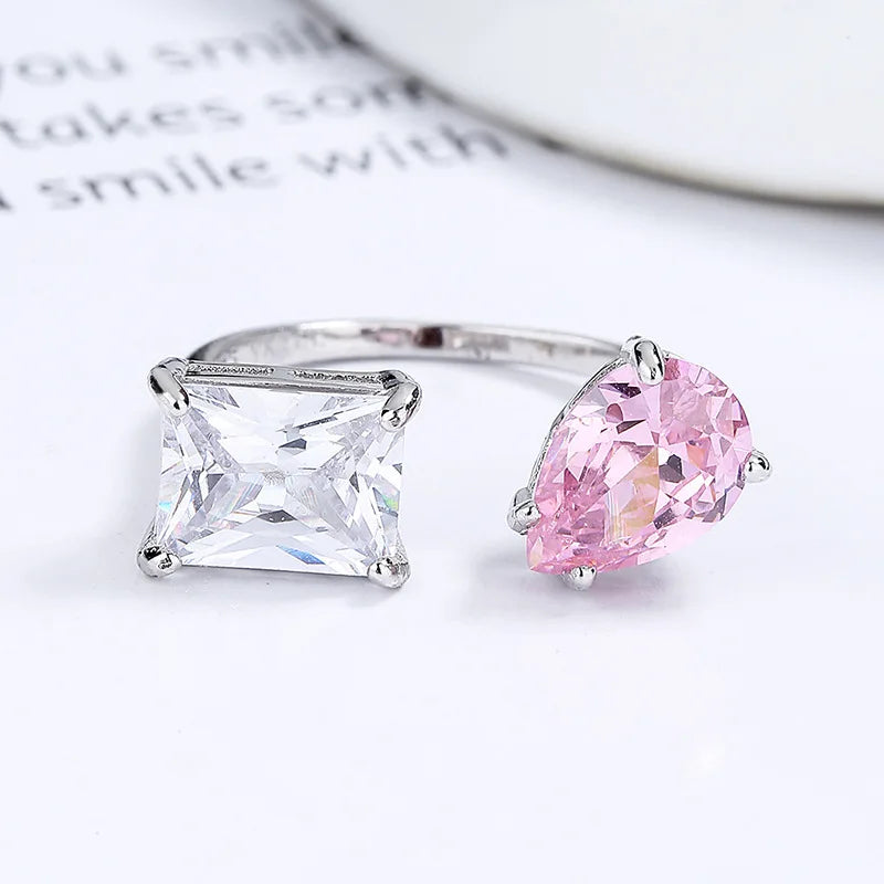 925 Sterling Silver Double Stone Crystal Ring Vintage Pear Cut Wedding Engagement Jewelry Big Pink White Zircon for Trendy