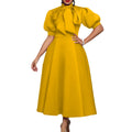 _ Summer New V-neck Tie Solid Color Women's Dress Waist Pleated Plus Size Dress A-line Dress
