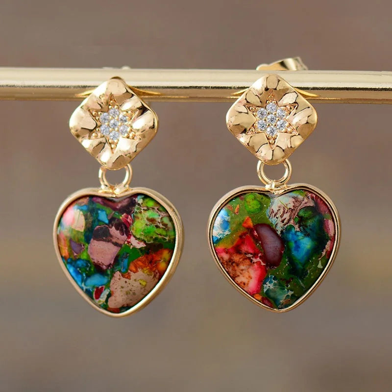 Emperor Jasper Square Charm Earrings Gold-Plated Cute Heart Stud Elegant Wedding Anniversary Jewelry for Parties Engagements