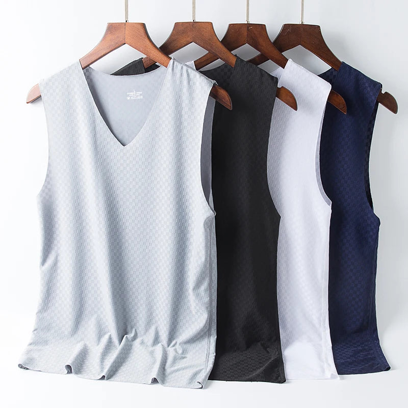 2022 Men's Vest New Summer Casual Bottoming Shirt Versatile Ice Silk Mesh Traceless Made From Comfortable Polyester
