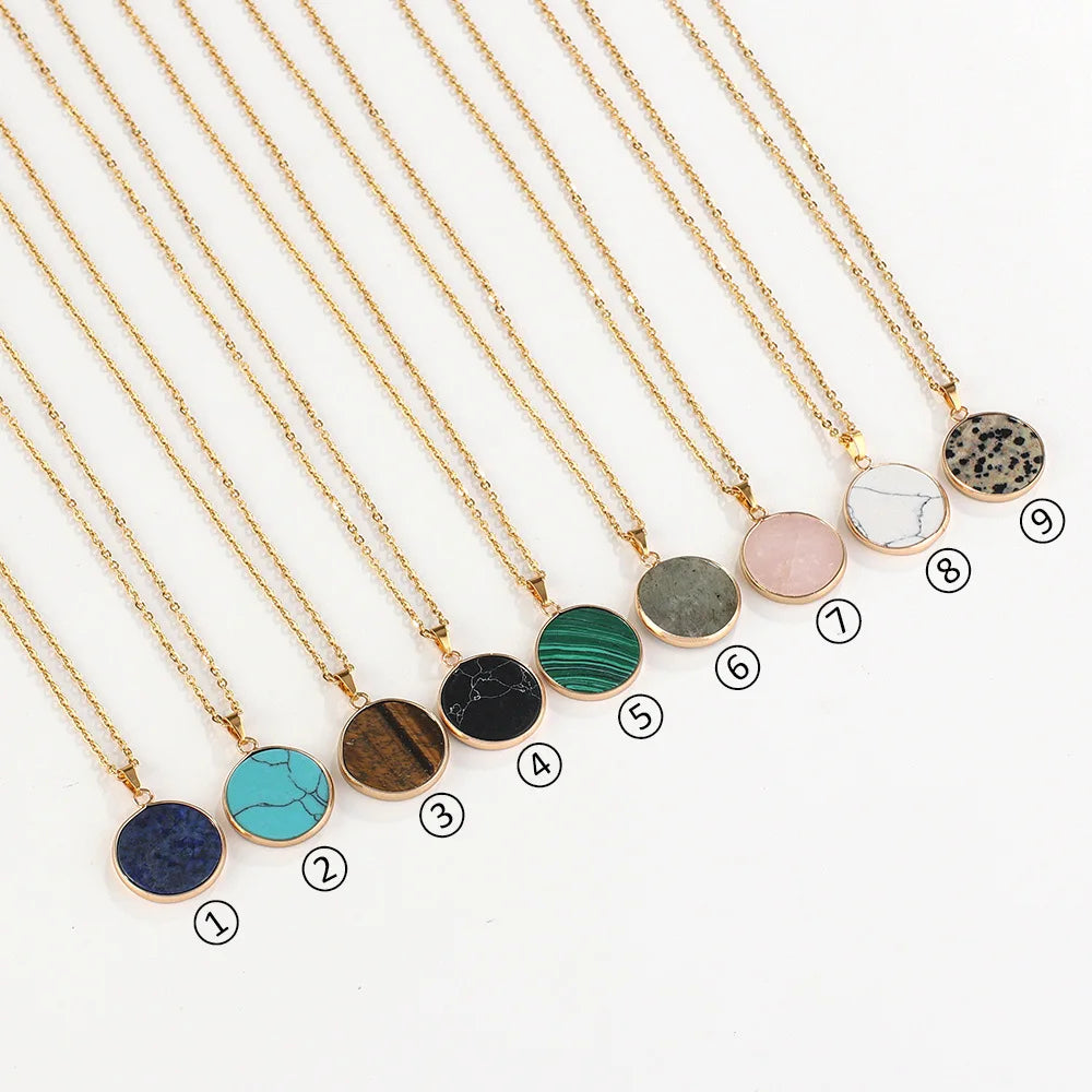 European New Gold Plated Christian Turquoise Necklace Stainless Steel Clavicle Chain Natural Stone Round Turquoise Pendant Women