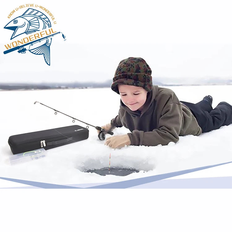 80cm Black Super Hard Solid Full Kits Winter Short Ice Fishing Rod and Reel Combos With Bag