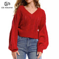 Custom Ladies Winter Crop Top Floral Pattern V-Neck Twist Pullover with Lantern Sleeves Knitwear Sweater