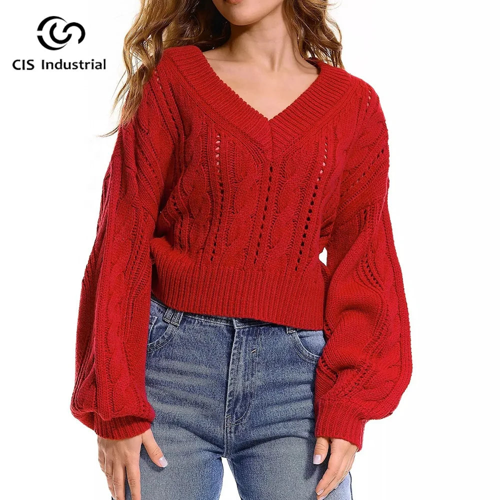 Custom Ladies Winter Crop Top Floral Pattern V-Neck Twist Pullover with Lantern Sleeves Knitwear Sweater
