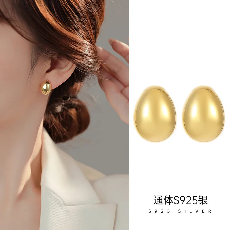 Wholesale Fashion Jewelry 925 Sterling Silver Minimalist Earrings Simple Oval Round Golden Bean Gold Plated Stud Earrings Women